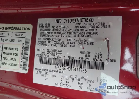 2015 Ford Mustang Ecoboost z USA, uszkodzony, nr VIN 1FA6P8TH3F5411285